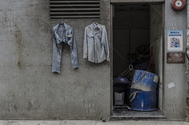 Hong Kong, Hong Kong - April 11, 2015: Laundry hanging in the street