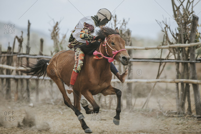 Indonesia, Sumbawa Besar - September 16, 2017: Jockey riding racehorse during horse racing