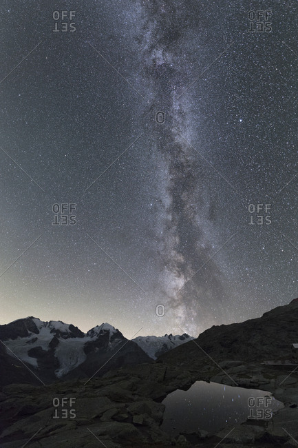 Milky way on Piz Bernina, Fuorcla Surlej, Corvatsch, Engadine, Canton of Graubunden, Swiss Alps, Switzerland, Europe