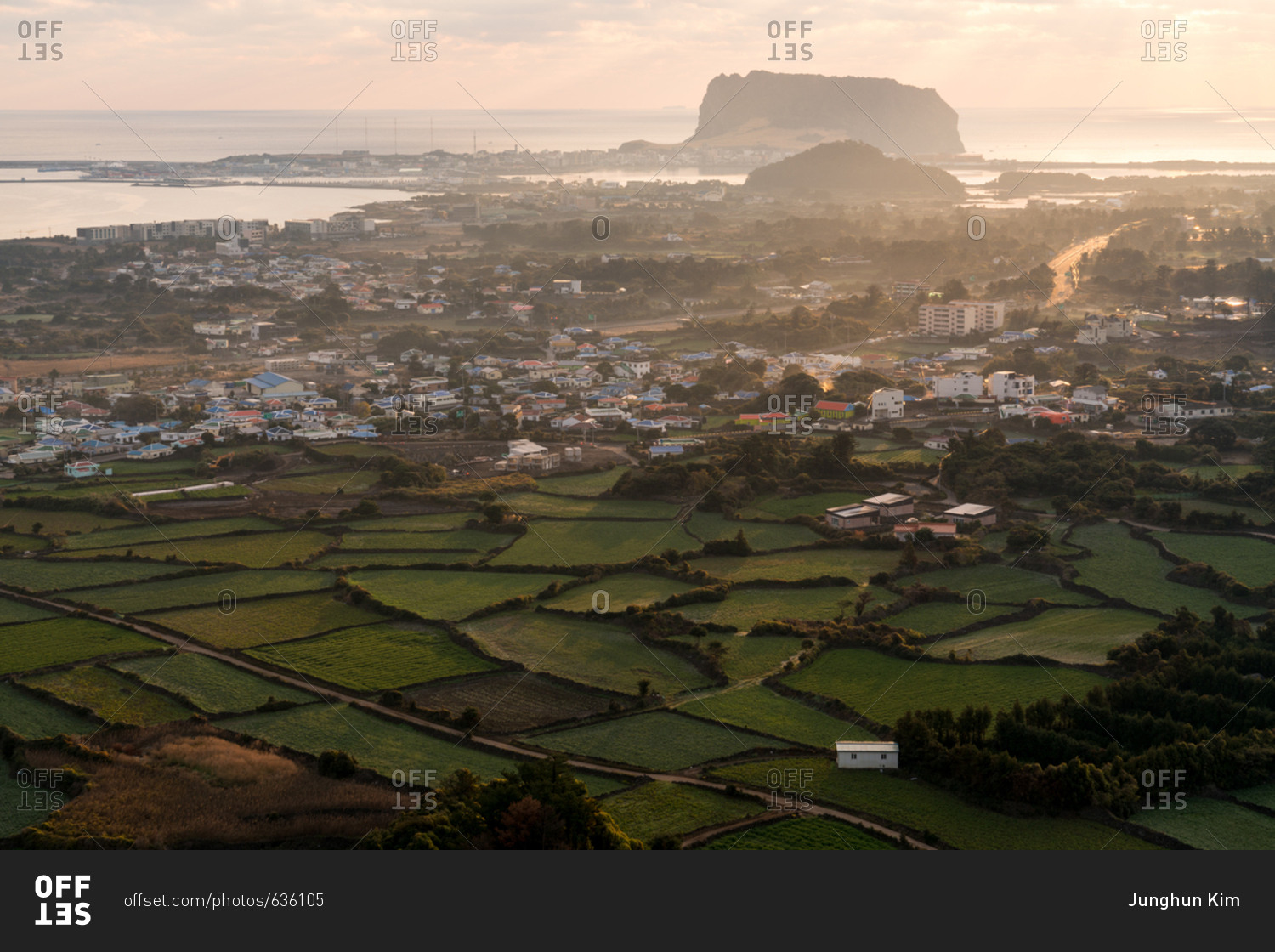 Scenic view of town and countryside on Jeju Island in South Korea stock