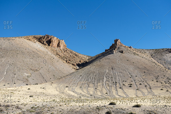 Sandy hills and desert landscape of steppe of Patagonia in area of Piedra Parada, Chubut Province, Argentina