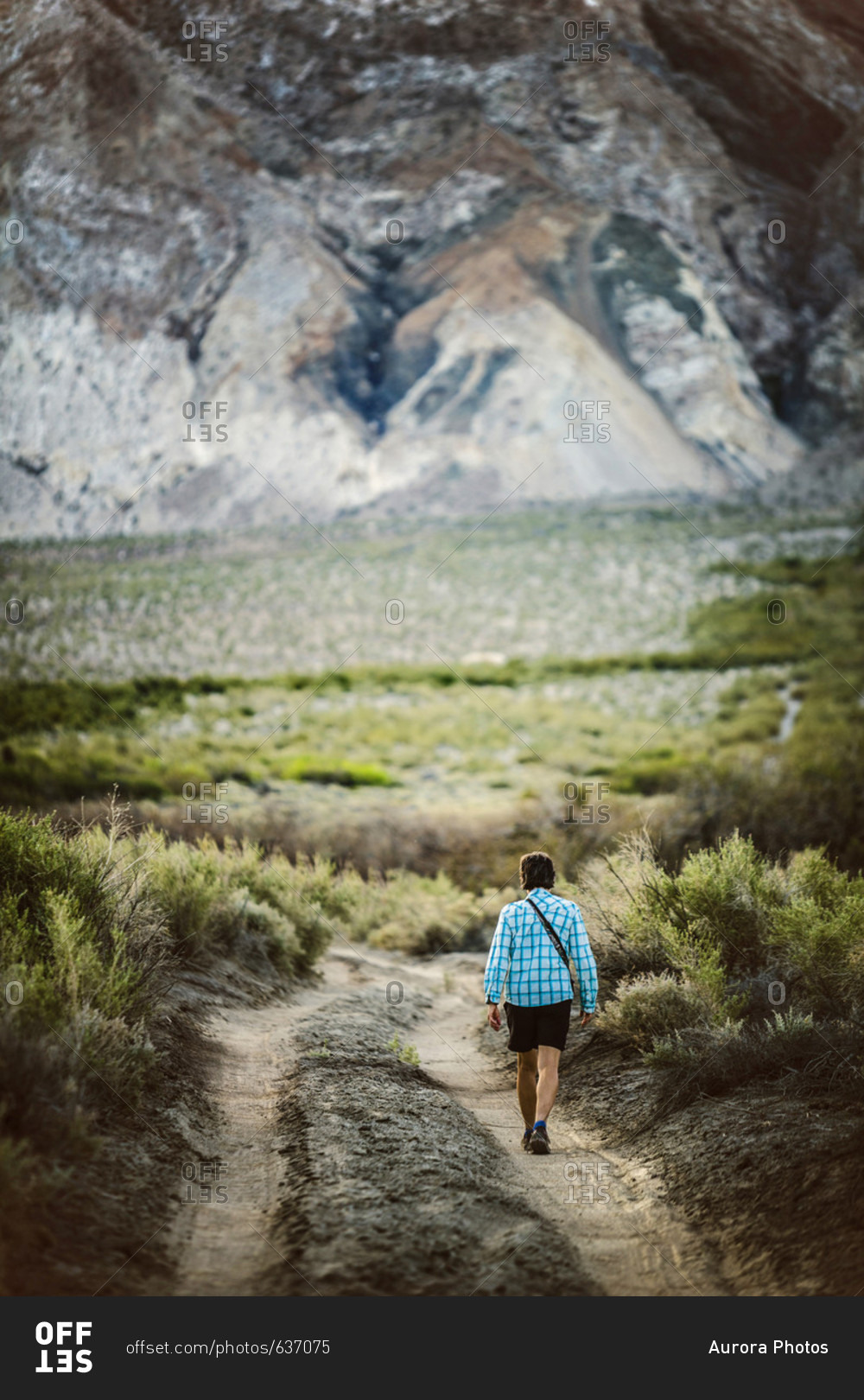 Rear view of lone woman walking on dirt road in desert in Saline Valley, Death Valley National Park, California, USA