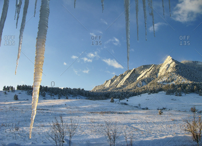 Winter landscape with icicles in Boulder, Colorado, USA