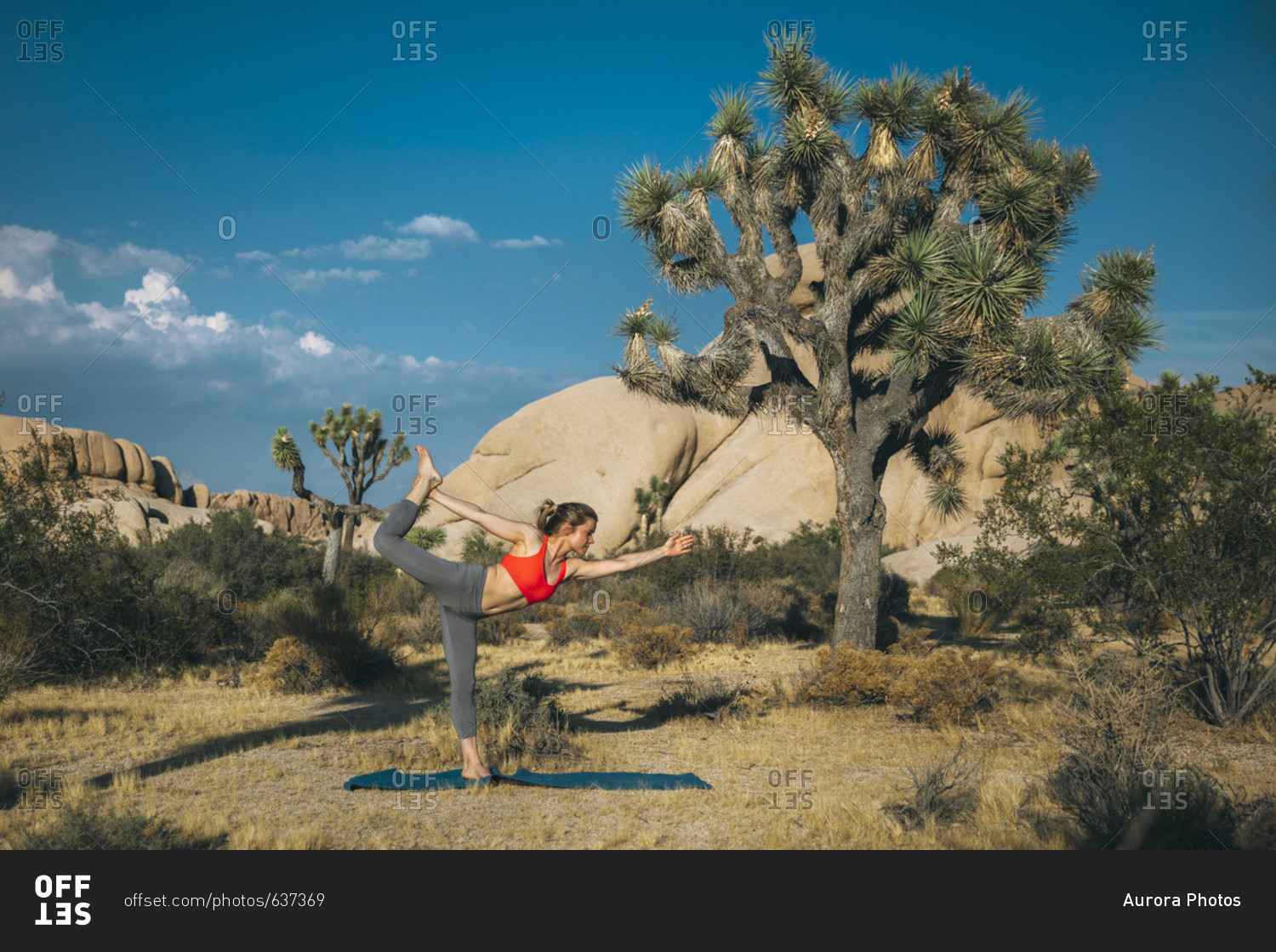 A young woman  in yoga dancer pose, Joshua Tree National Park