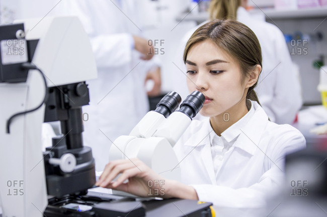 Scientist using microscope in lab