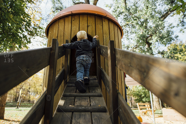 Rear view of boy playing on play equipment at park