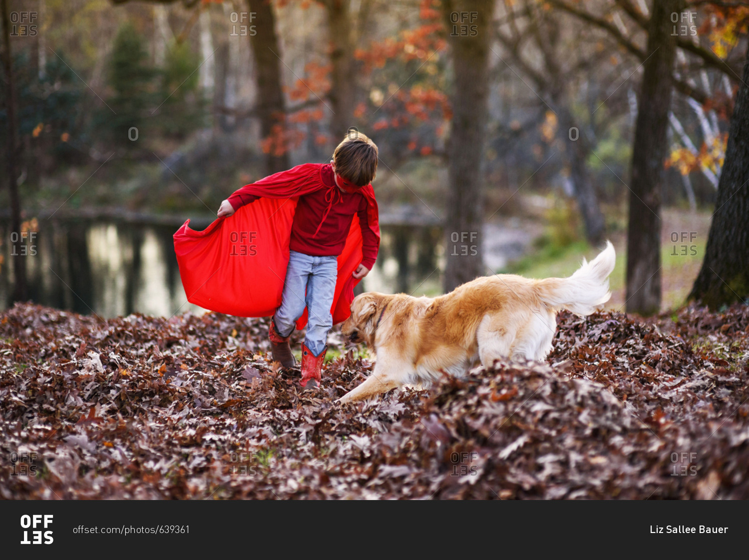 Young boy wearing super hero cape and mask playing with dog among autumn leaves