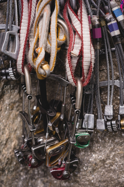Close-up of various rope attached to carabineer