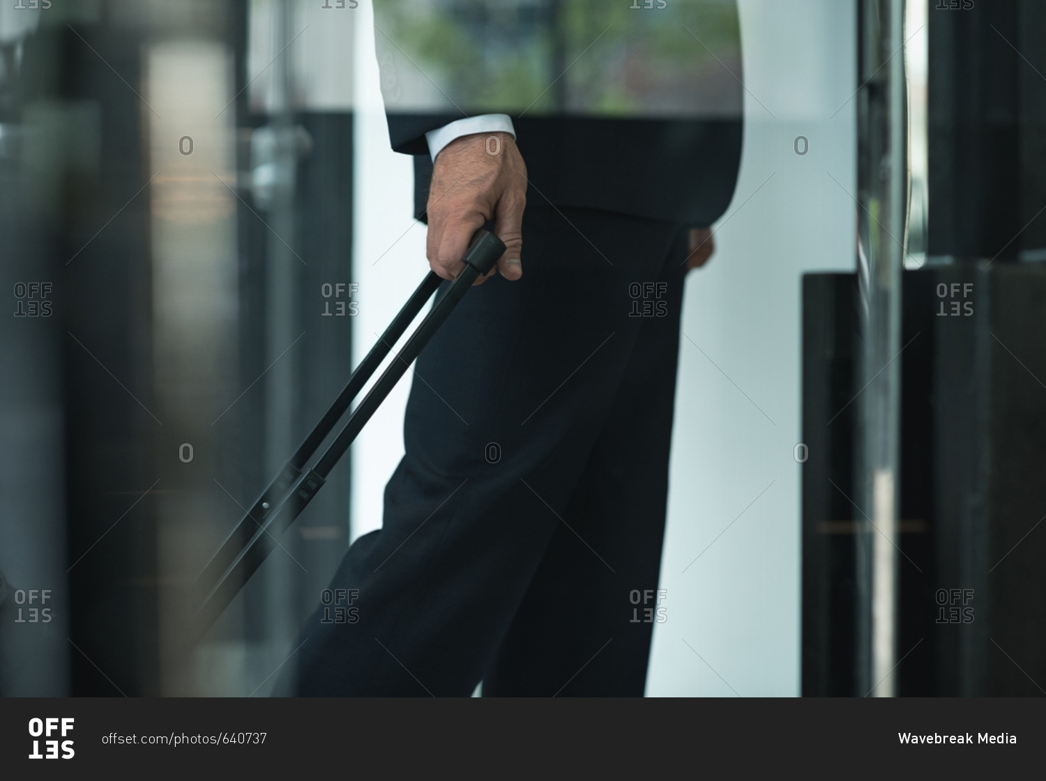 Businessman with trolley bag leaving hotel