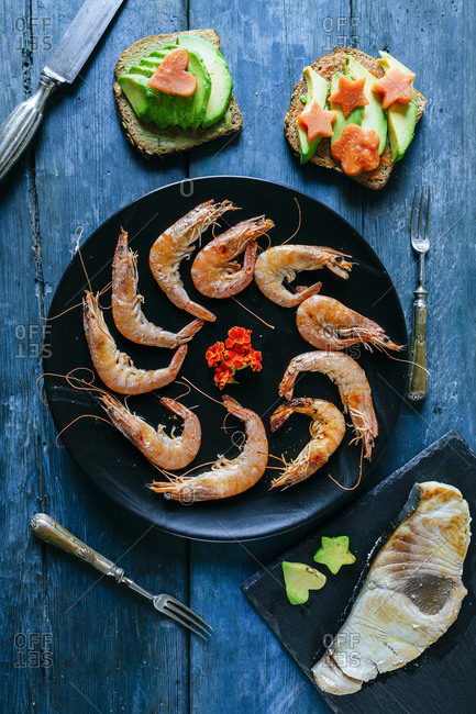 Seafood dinner served on table
