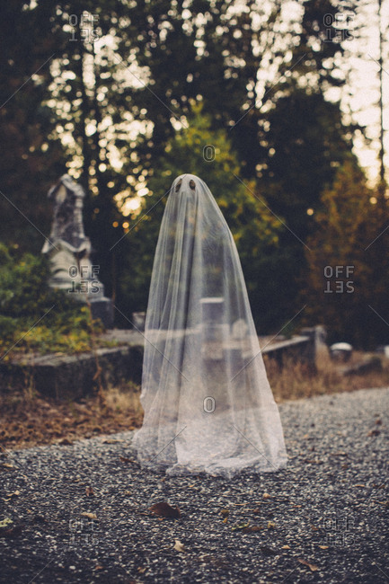 Double exposure of boy in ghost costume against trees at cemetery during Halloween
