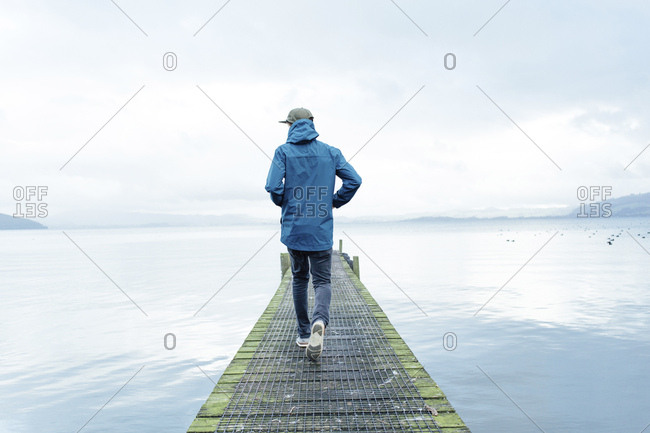 Full length rear view of young man walking on pier in lake