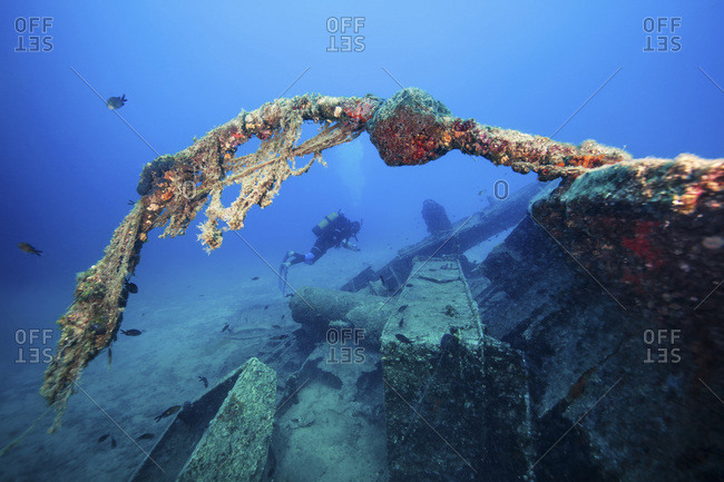 Scuba diver exploring shipwreck, Adriatic Sea, Dalmatia, Croatia