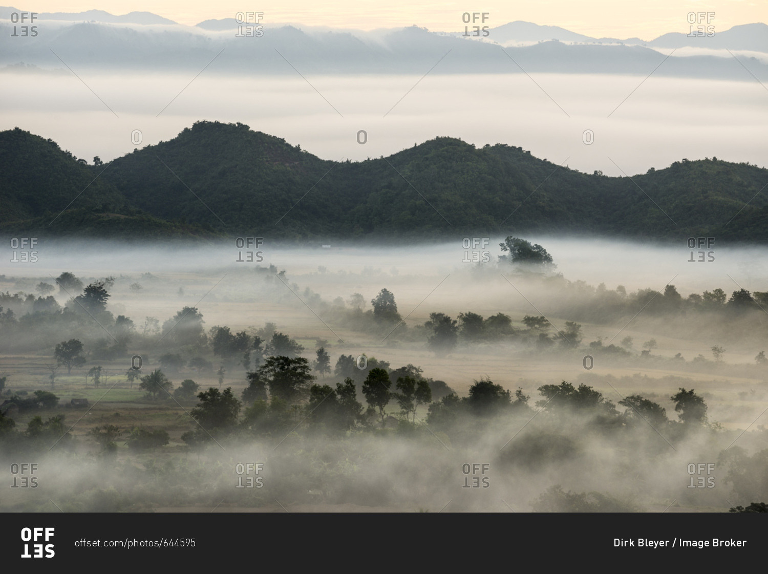 Landscape with mist, Mrauk U, Sittwe District, Rakhine State, Myanmar, Asia