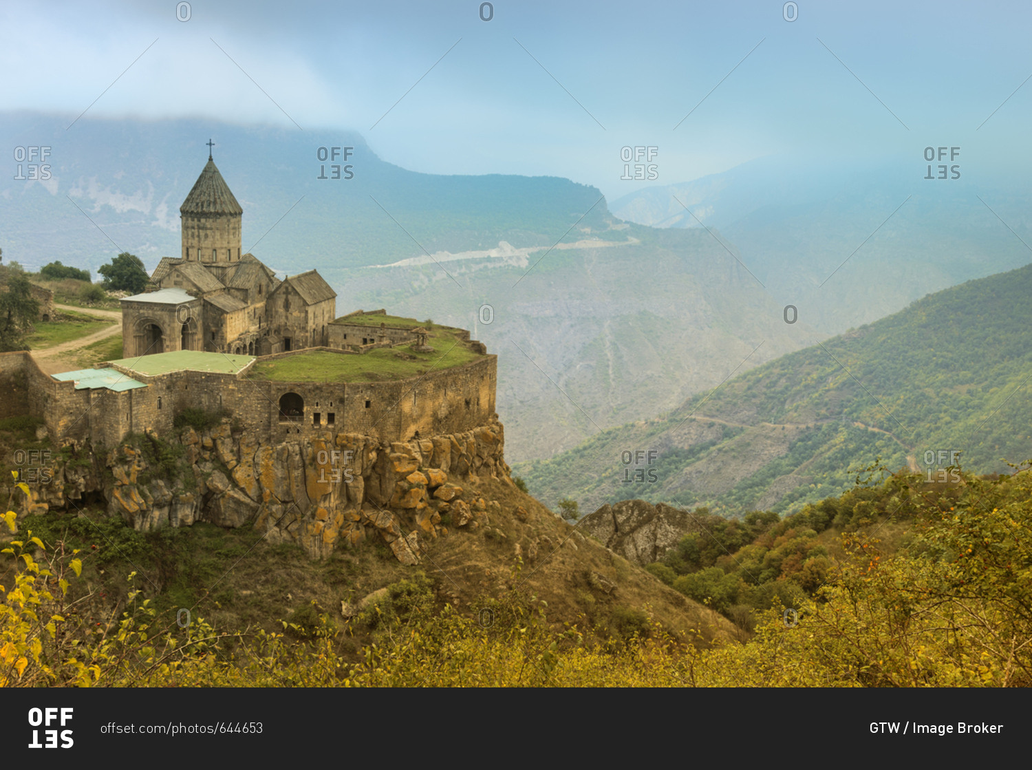View over Tatev Armenian Apostolic Monastery surrounded by mountains, Syunik Province, Armenia, Asia