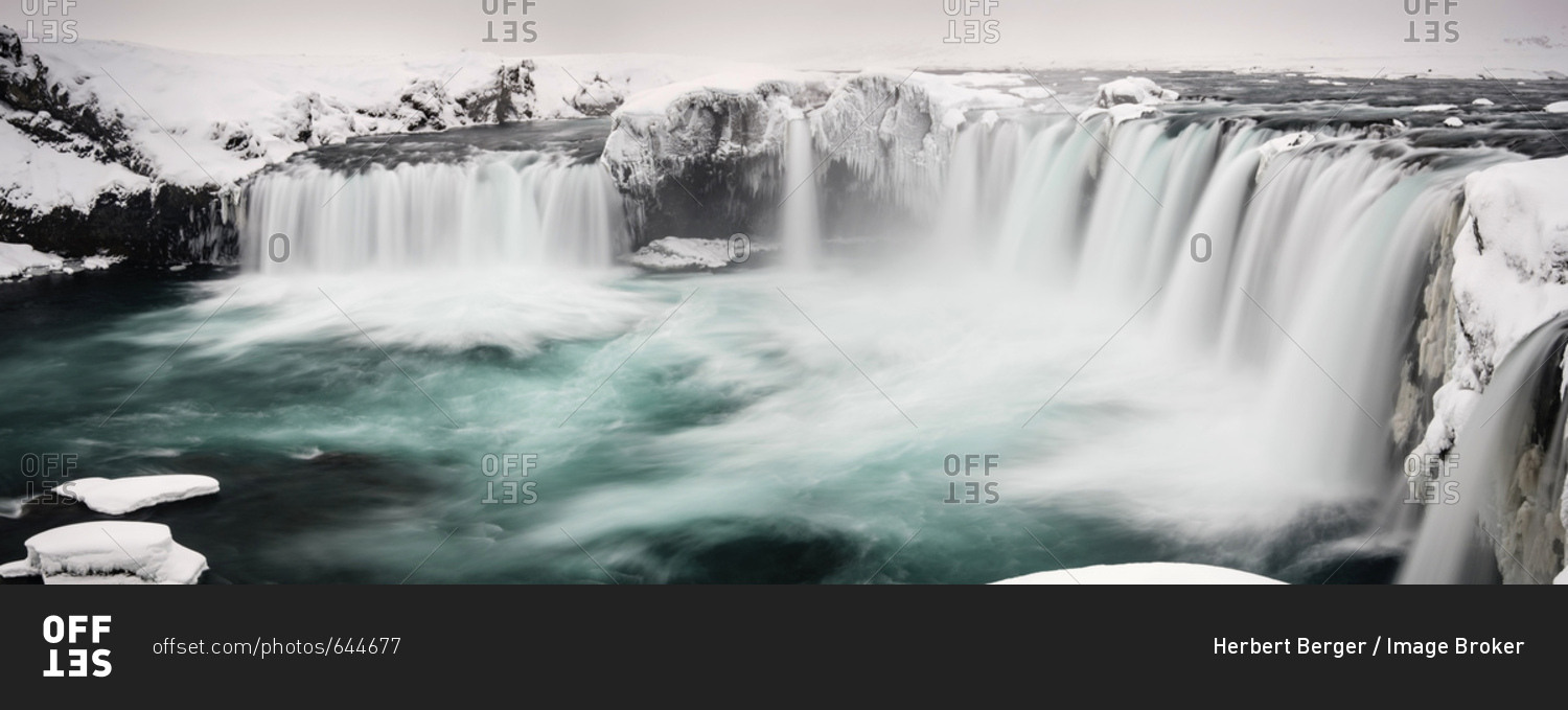 Gooafoss Waterfall, panoramic view, waterfall of the Gods, Godafoss in winter with snow and ice, Northwestern Region, North Iceland, Iceland, Europe
