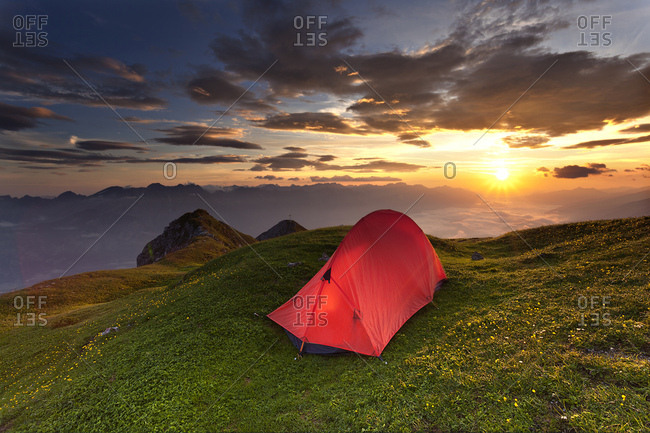 Tent, sunrise above the Inn Valley, Axamer Lizum, Tyrol, Austria, Europe