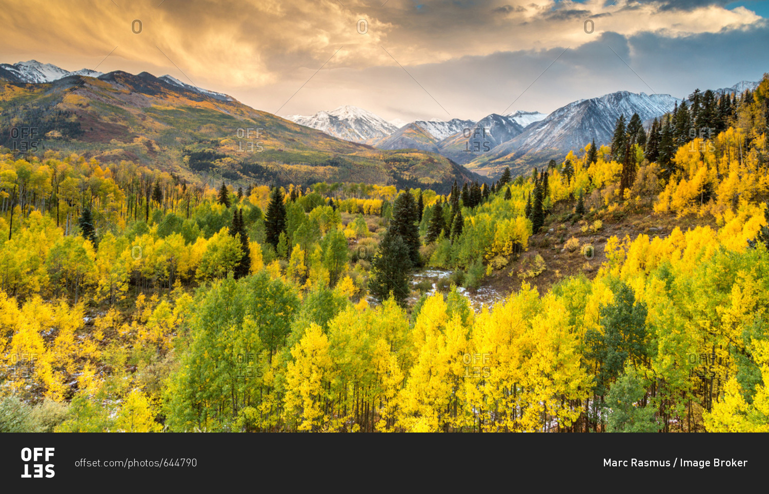 Mountain landscape with autumn forest, snowy peaks of Rocky Mountains, Colorado, USA, North America