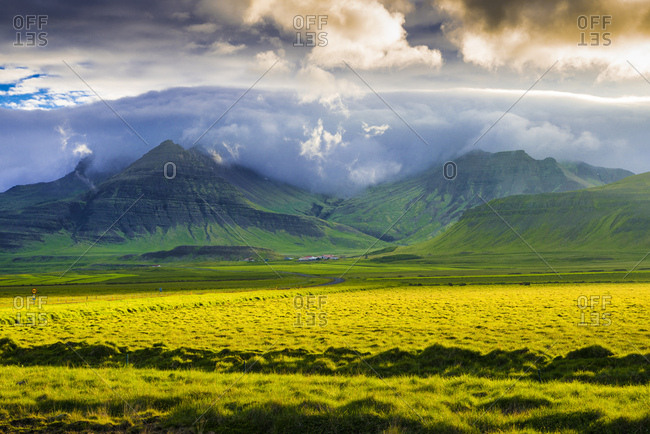 Landscape with meadow and mountains in the evening light, Snaefellsnes peninsula, Iceland, Europe