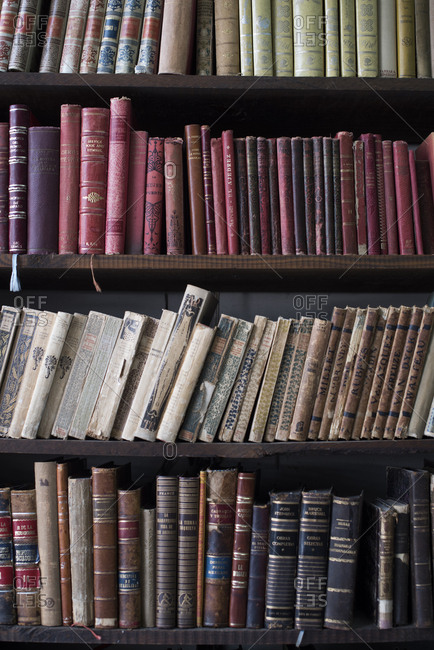 Mexico City - August 30, 2016: Shelf of old books at Libreria La Aventura de Leer bookstore