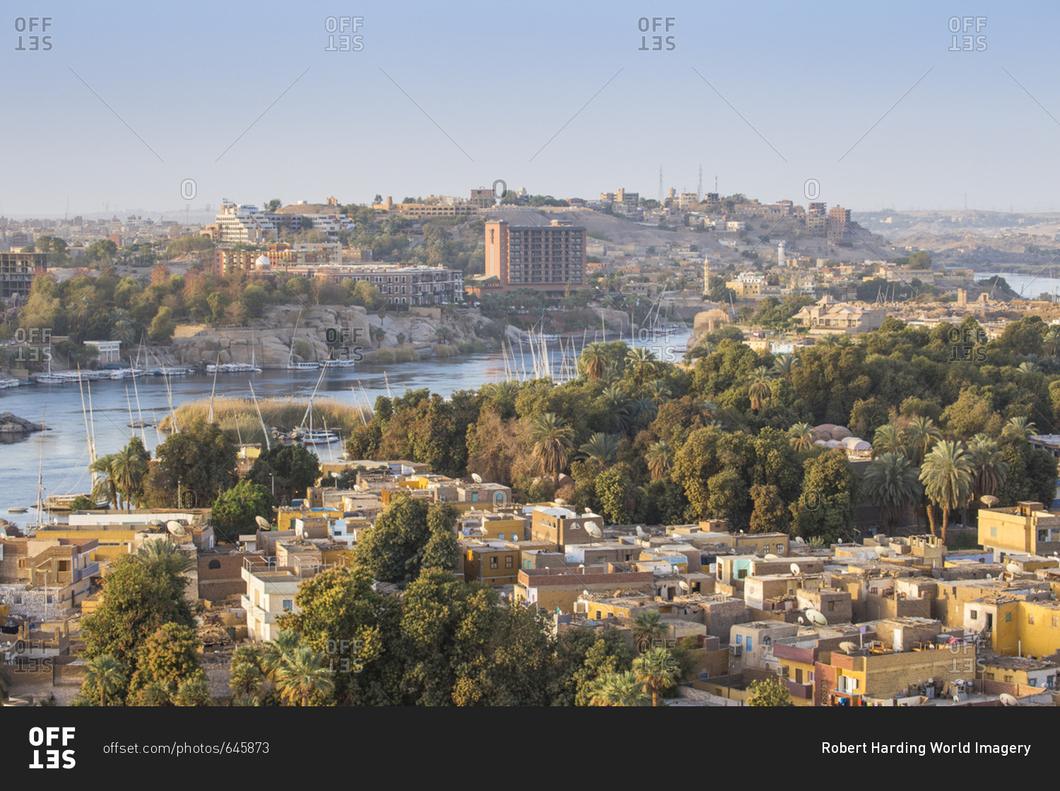 View of Aswan looking over Elephantine Island towards The Cataract Hotel, Aswan, Upper Egypt, Egypt, North Africa, Africa