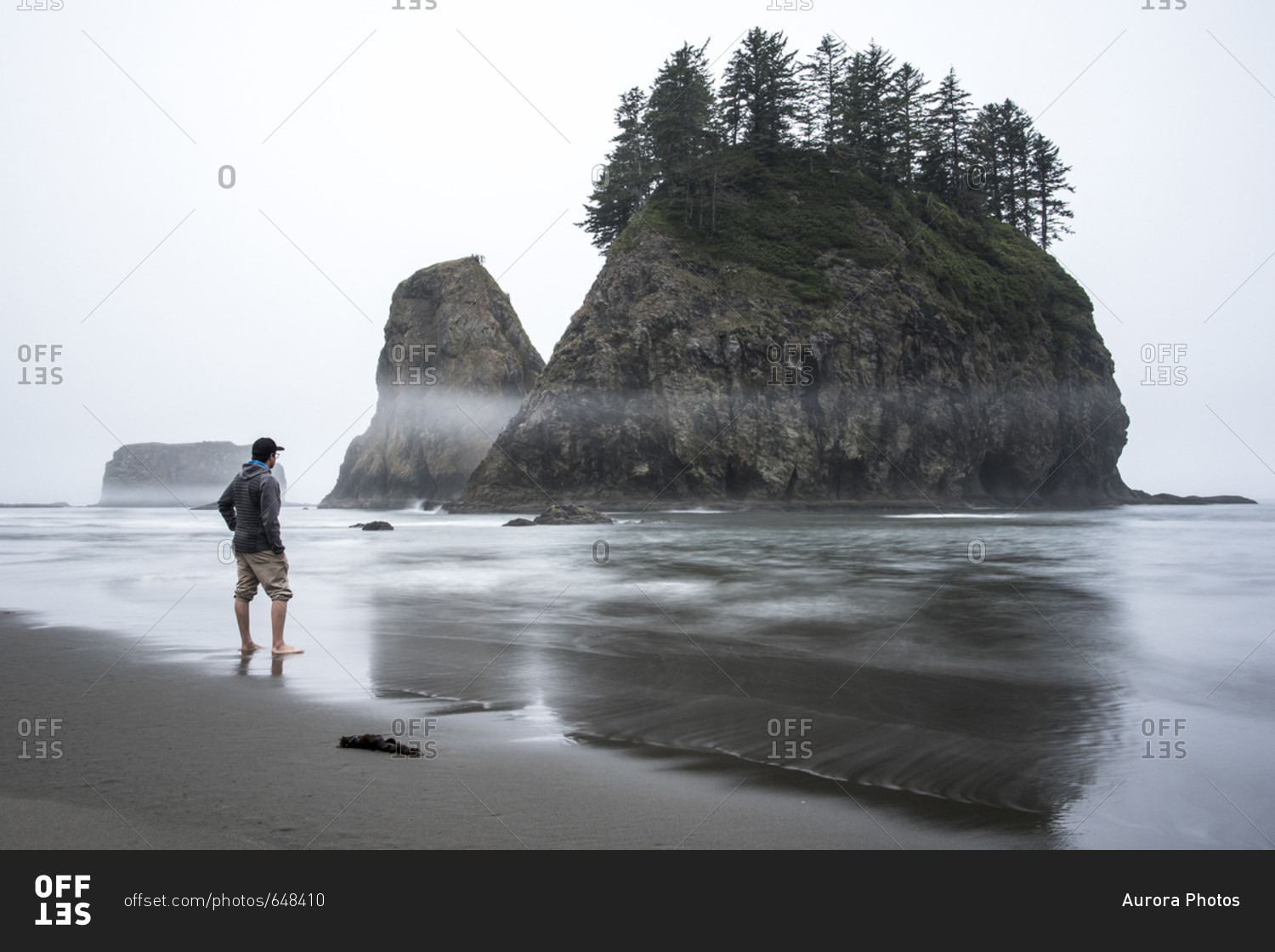 Man on beach looking at view of small rocky island with trees, Second Beach, La Push, Washington State, USA