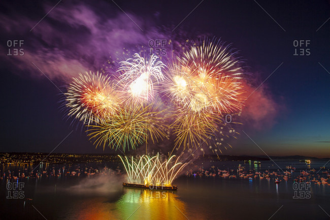 Firework display during Celebration of Light at English Bay, Vancouver, British Columbia, Canada
