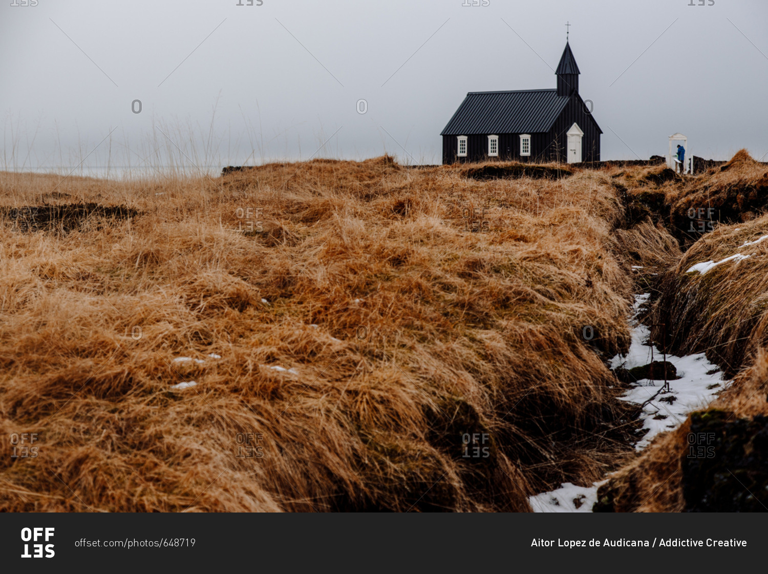 Small church building on dry grass in winter in Iceland.