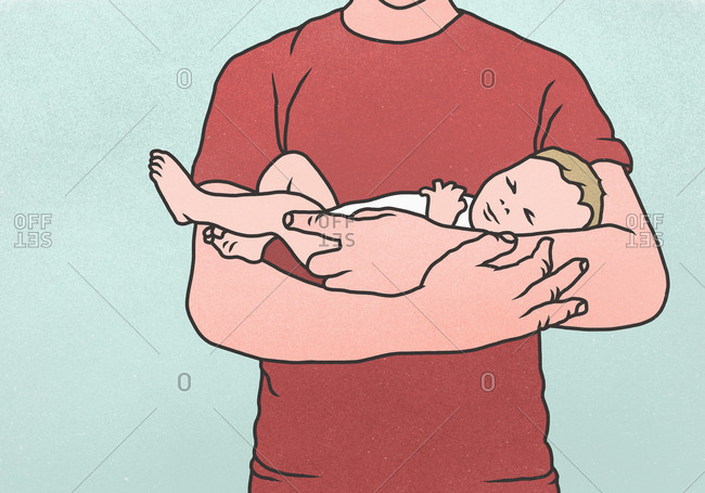 Midsection of father holding newborn baby against blue background
