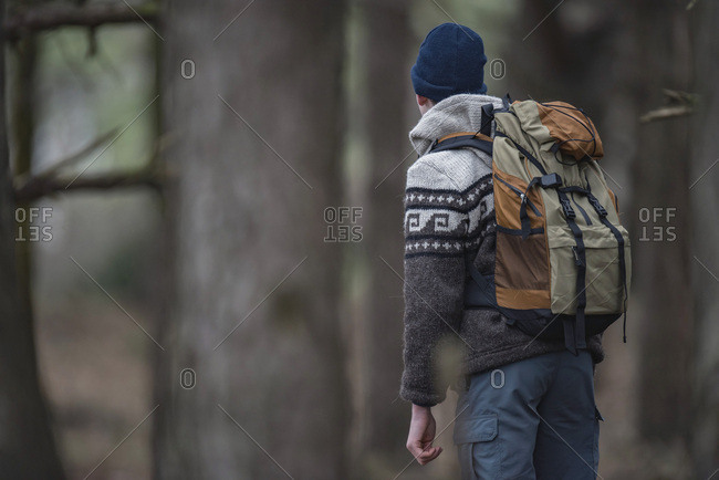 Backpacker with woolen cap in winter pine forest. Rear view.