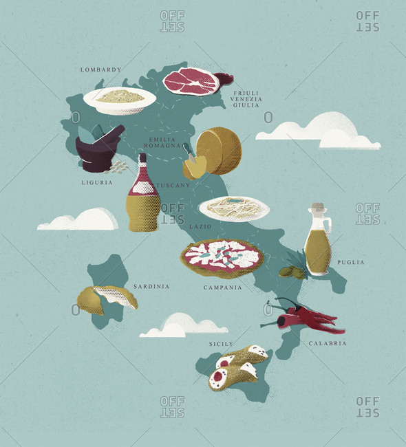 Map of Italy with traditional Italian food