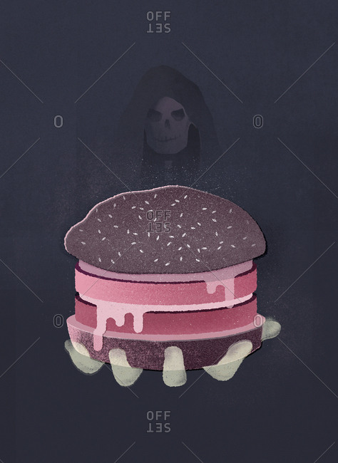Grim reaper offering a hamburger