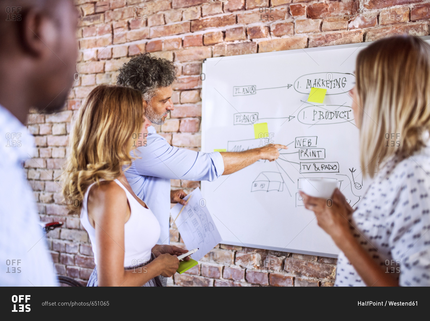 Business team working together on whiteboard at brick wall in office ...