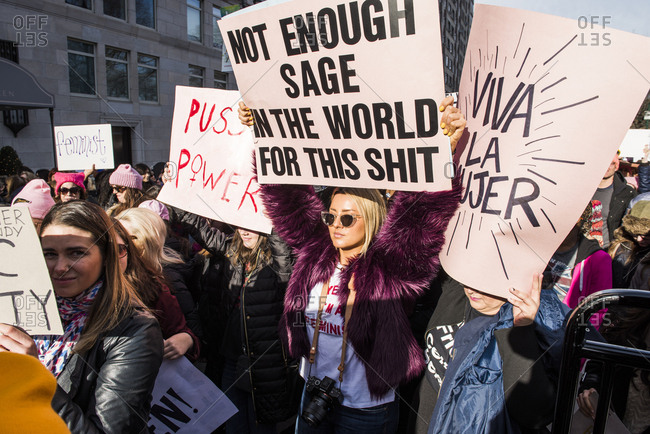 New York City, New York, USA - January 20, 2018: Protestors demonstrating with signs at Women's March