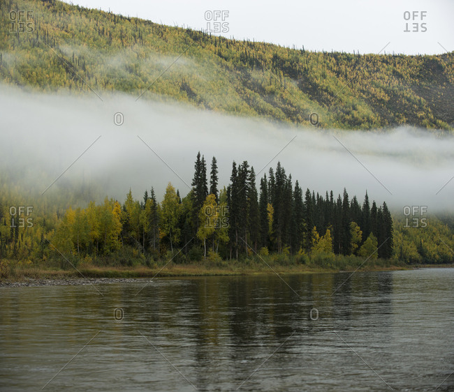 Scenic view of river at Yukon Charley Rivers National Preserve during foggy weather