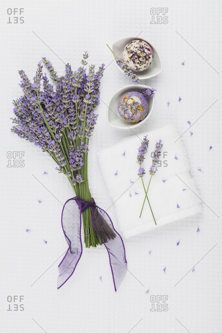 Wellness items- Lavender bouquet- Lavender-Calendula Soap ball in bowl- Lavender-Rose-Petal-Soap ball in bowl- white towel