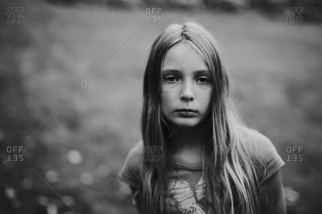 Black And White Portrait Of A Girl With Long Blonde Hair Stock