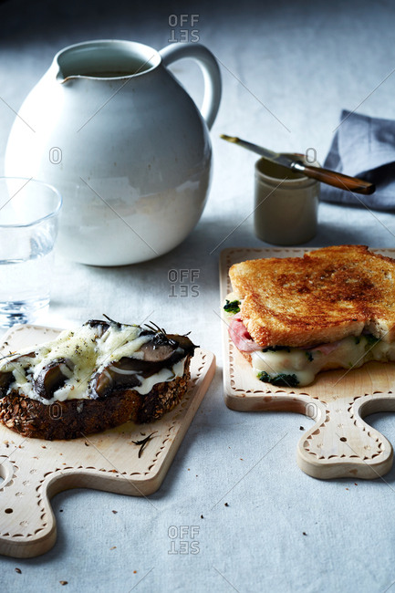 Roasted Portobello melt and a grilled ham and broccoli rabe sandwiches