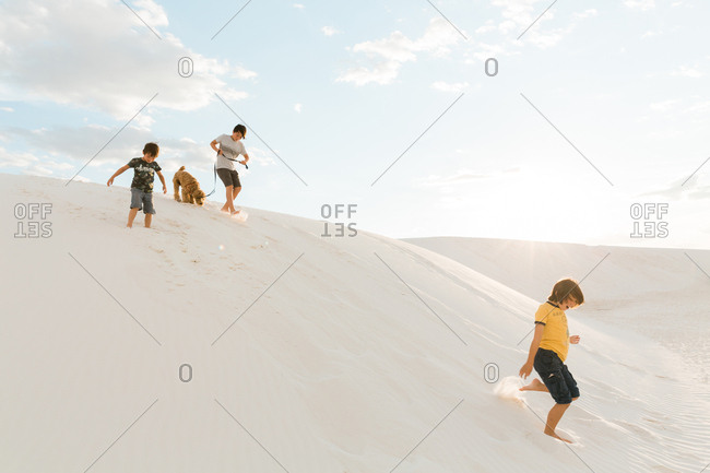 Three siblings and dog playing on hills at White Sands National Monument