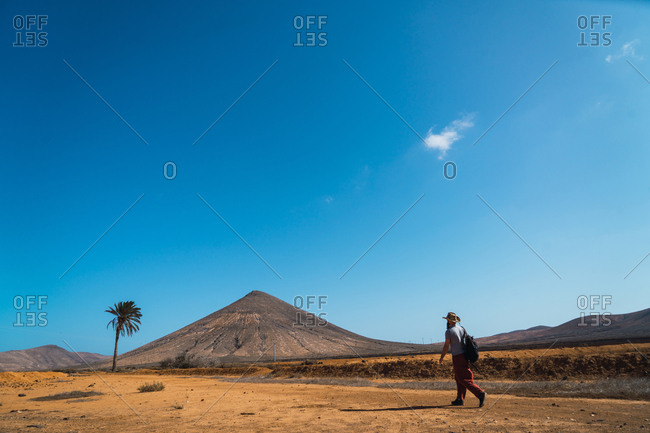 Man with backpack walking in tropical desert