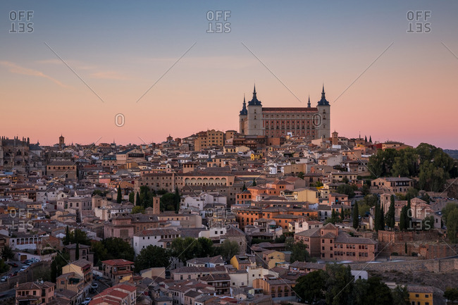View over the old town of Toledo at nightfall. Castilla La Mancha, Spain