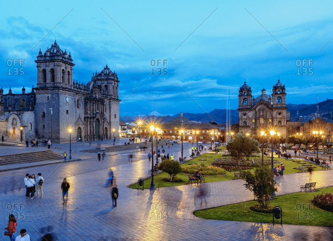 Old Town, Cusco, Peru, South America - February 11, 2017: Main Square at twilight, UNESCO World Heritage Site, Cusco, Peru, South America