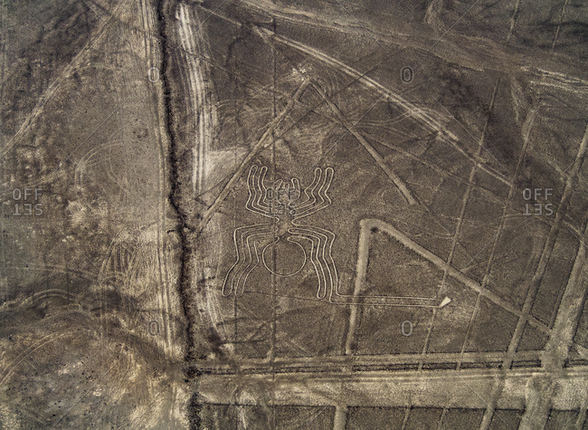 The Spider Geoglyph, aerial view, Nazca, UNESCO World Heritage Site, Ica Region, Peru, South America