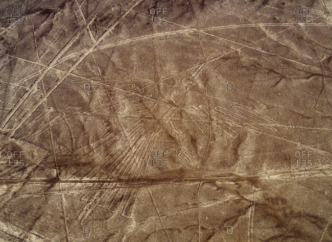 The Condor Geoglyph, aerial view, Nazca, UNESCO World Heritage Site, Ica Region, Peru, South America