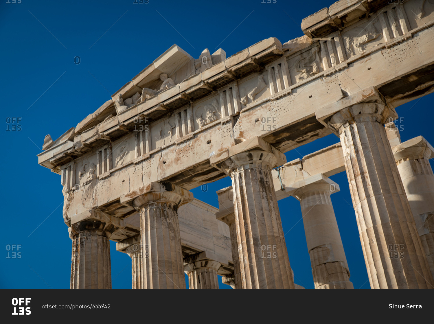 Detail of the Parthenon of the Acropolis of Athens Set Against the Blue Sky