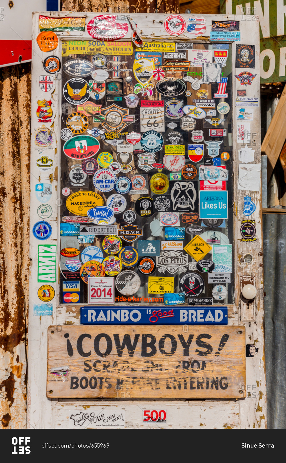 Door Covered in Stickers at Hackberry General Store on Route 66
