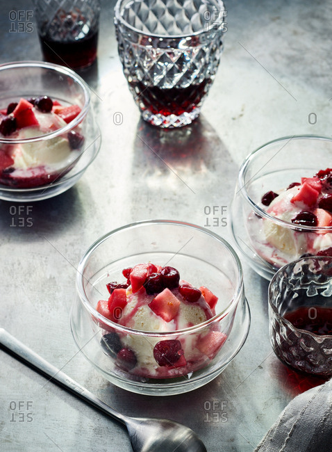Ice cream topped with cranberry-apple compote