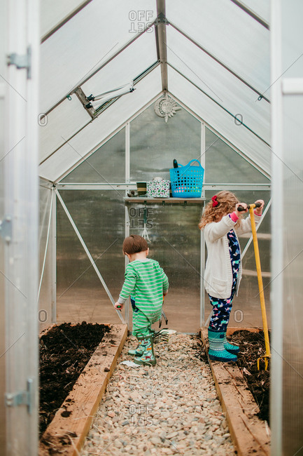 Young siblings working in greenhouse together