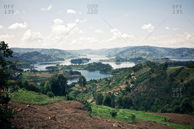 Lake Bunyonyi, Uganda - September 16, 2011: Beautiful panoramic view of the Lake Bunyonyi, which is also known as the Place of Many Little Birds.
