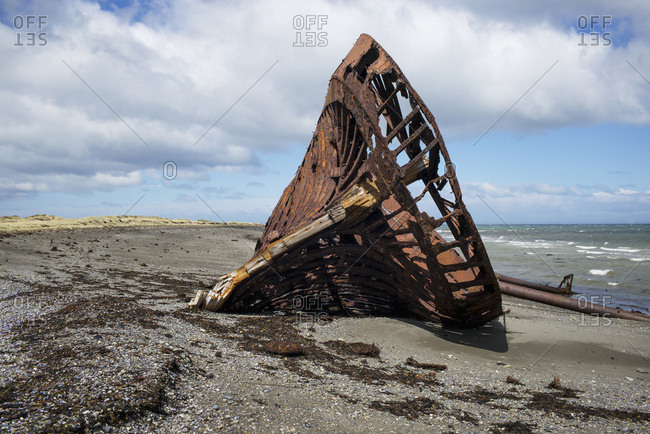 Shipwreck On The Shore Santa Cruz Province Argentina stock photo